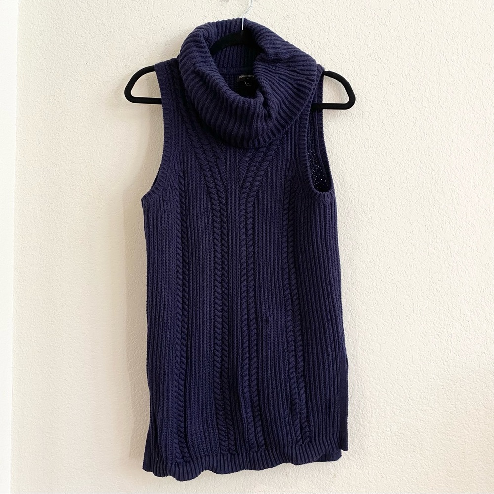Banana Republic Cable Knit Navy Cotton Cowl Sleeveless Tunic Sweater Top SZ M